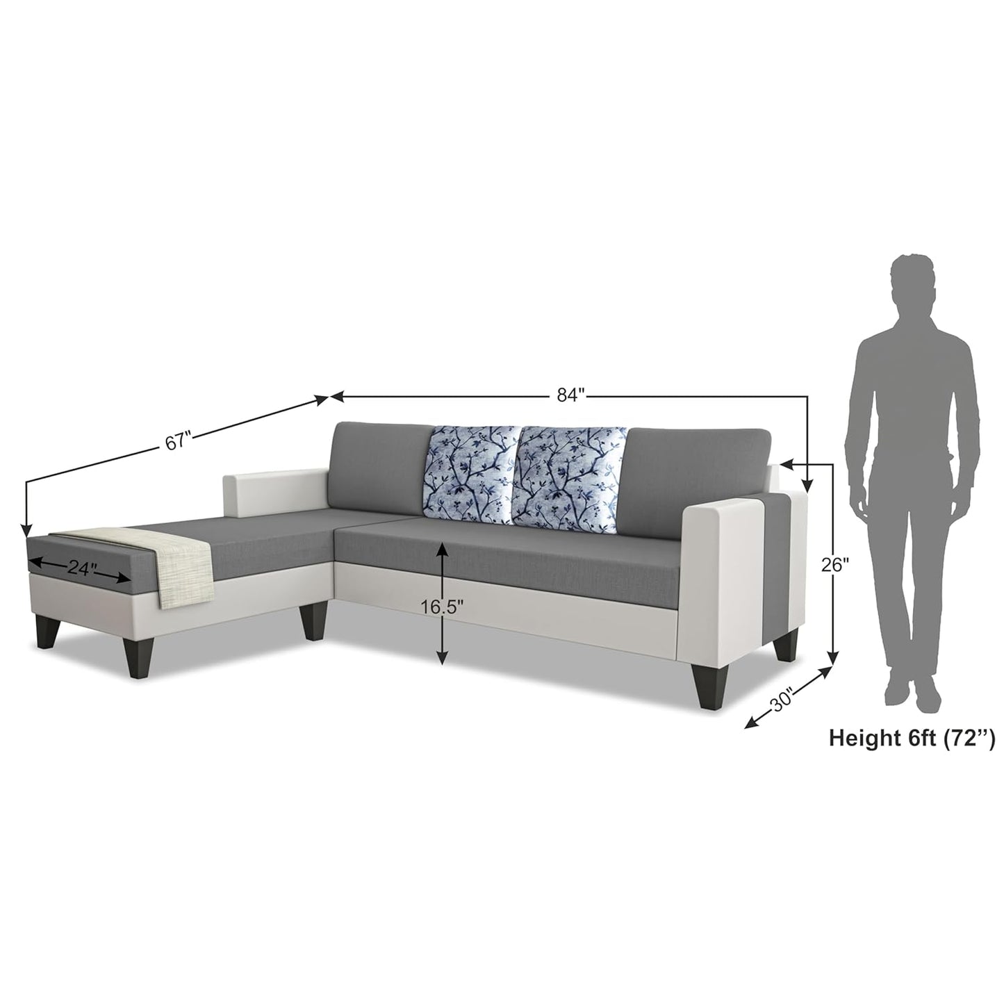 Adorn India Ashley Digital Print Leatherette Fabric L Shape 5 Seater Sofa Set LHS (Grey & White) (3 Year Warranty)