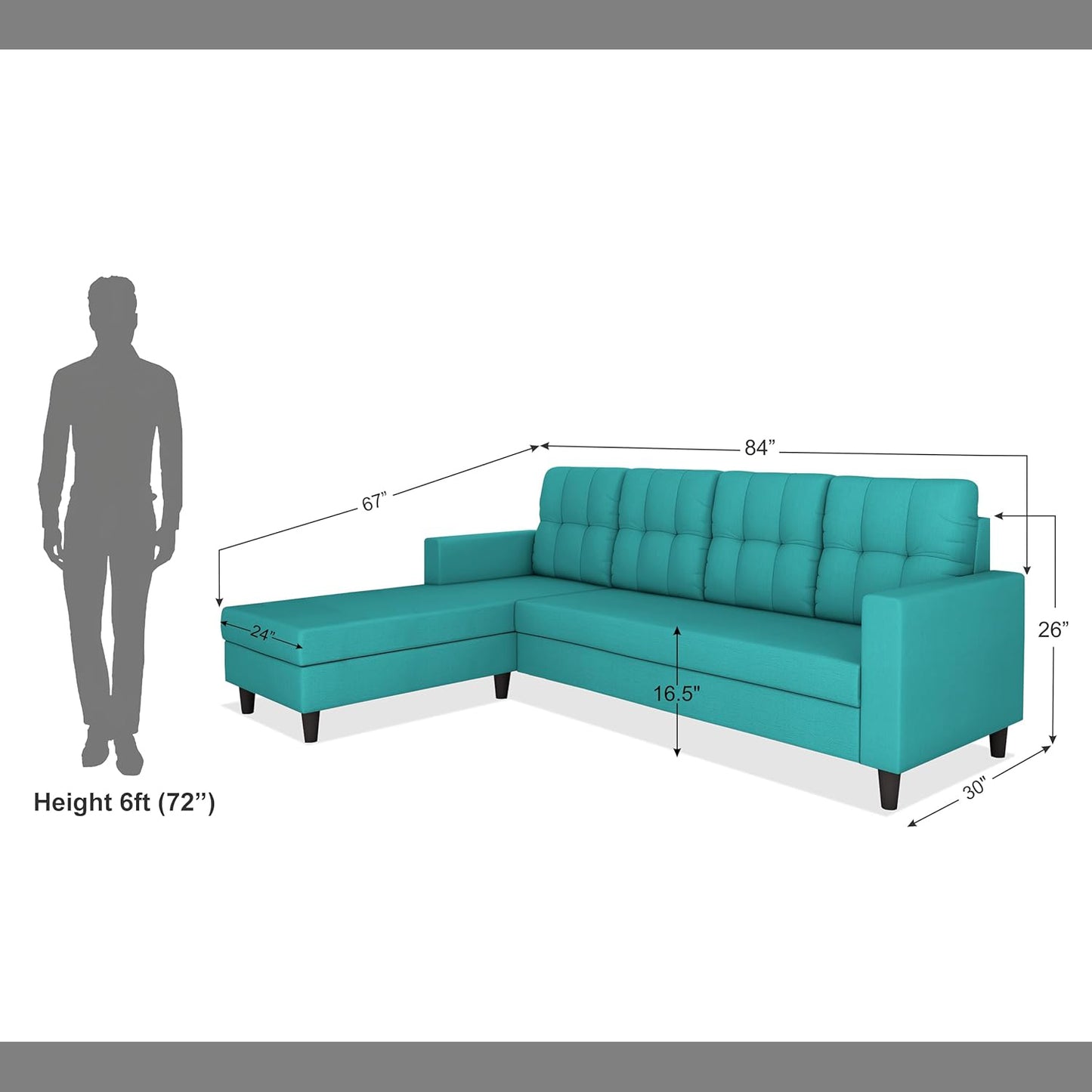 Adorn India Darcy L Shape 5 Seater Sofa Set (LHS) (Aqua Blue) (3 Year Warranty)