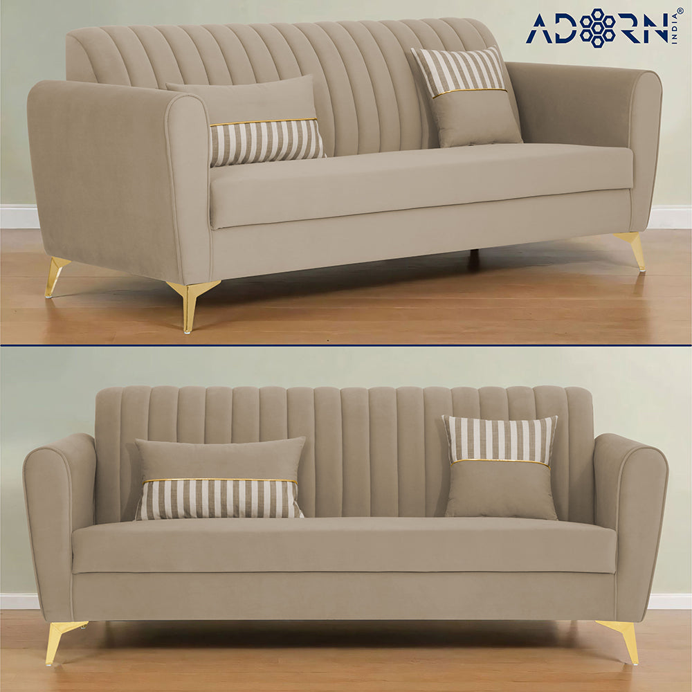Adorn India Premium Luster 3-1-1 Sofa Set | Velvet Suede Fabric | 3-Year Warranty | Color Beige with Golden Legs & Striped Pattern Cushion