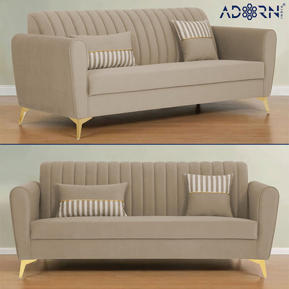 Adorn India Premium Luster 3-1-1 Sofa Set | Velvet Suede Fabric | 3-Year Warranty | Color Beige with Golden Legs & Striped Pattern Cushion