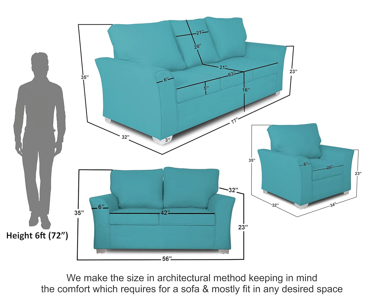 Adorn India Alexia 3+2+1 Six Seater Sofa Set (Aqua Blue)