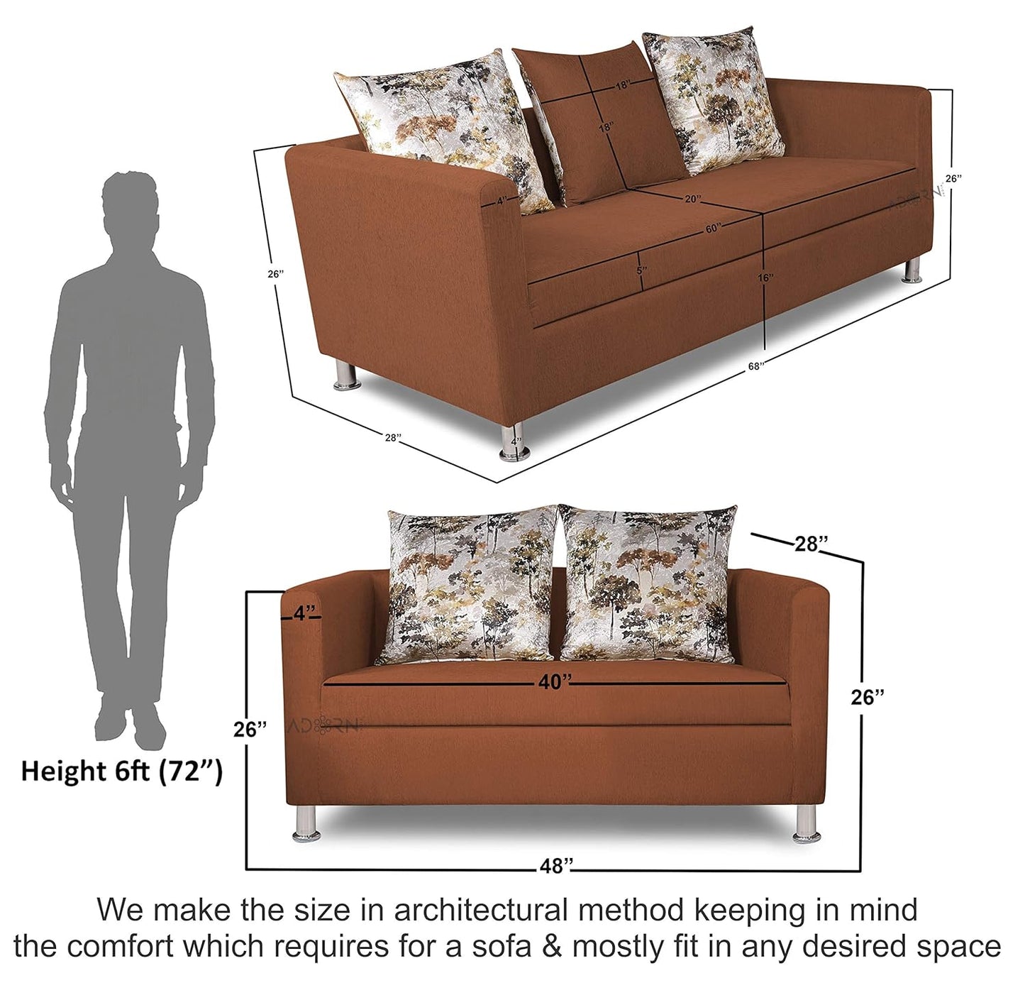 Adorn India Alita 3+2 Compact 5 Seater Sofa Set (Rust)