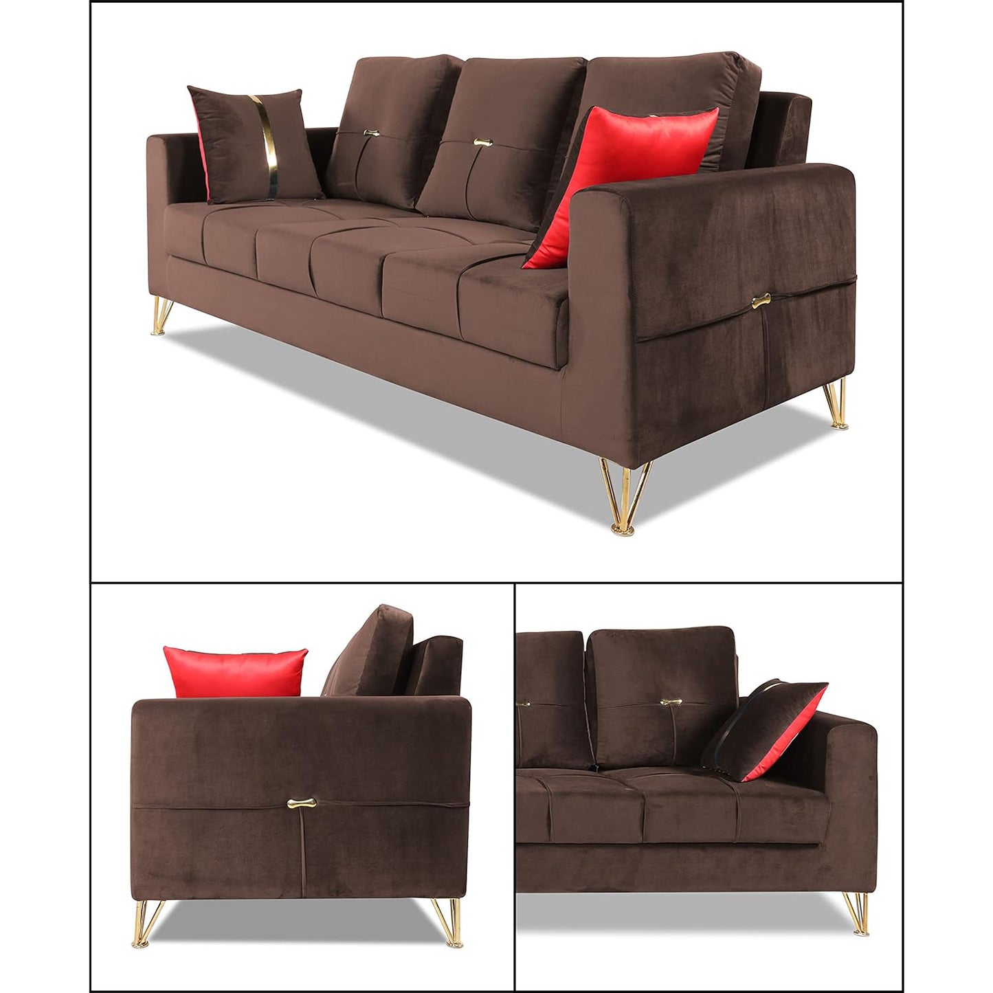 Adorn India Premium Morgan 3 Seater Sofa (Velvet Fabric Colour Brown)