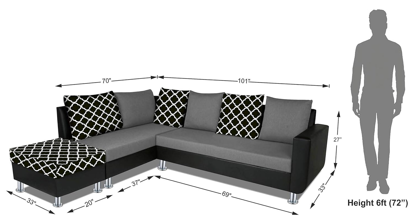 Adorn India (3 Years Warranty Atlanta 6 Seater Leatherette & Fabric Corner Sofa Left Hand Side with Ottoman (Grey & Black)