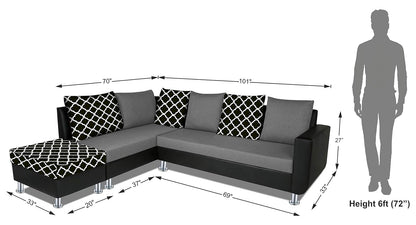 Adorn India (3 Years Warranty Atlanta 6 Seater Leatherette & Fabric Corner Sofa Left Hand Side with Ottoman (Grey & Black)