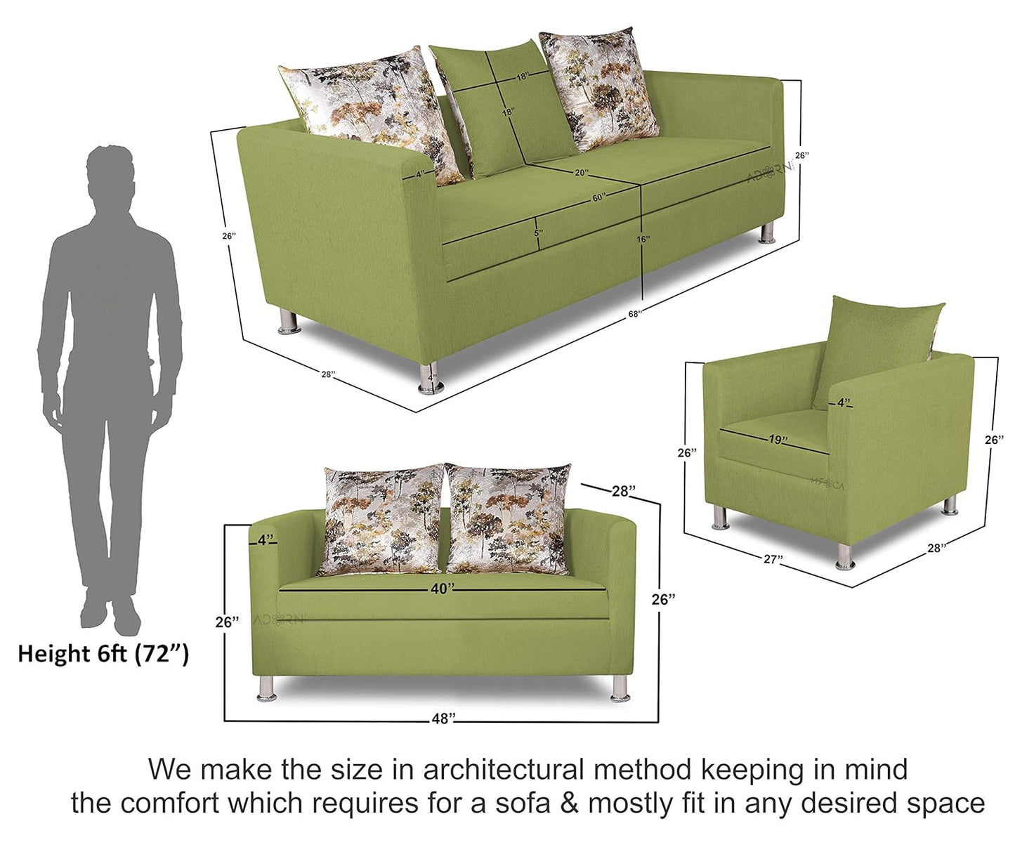 Adorn India Alita 3+2+1 Compact 6 Seater Sofa Set (Green)