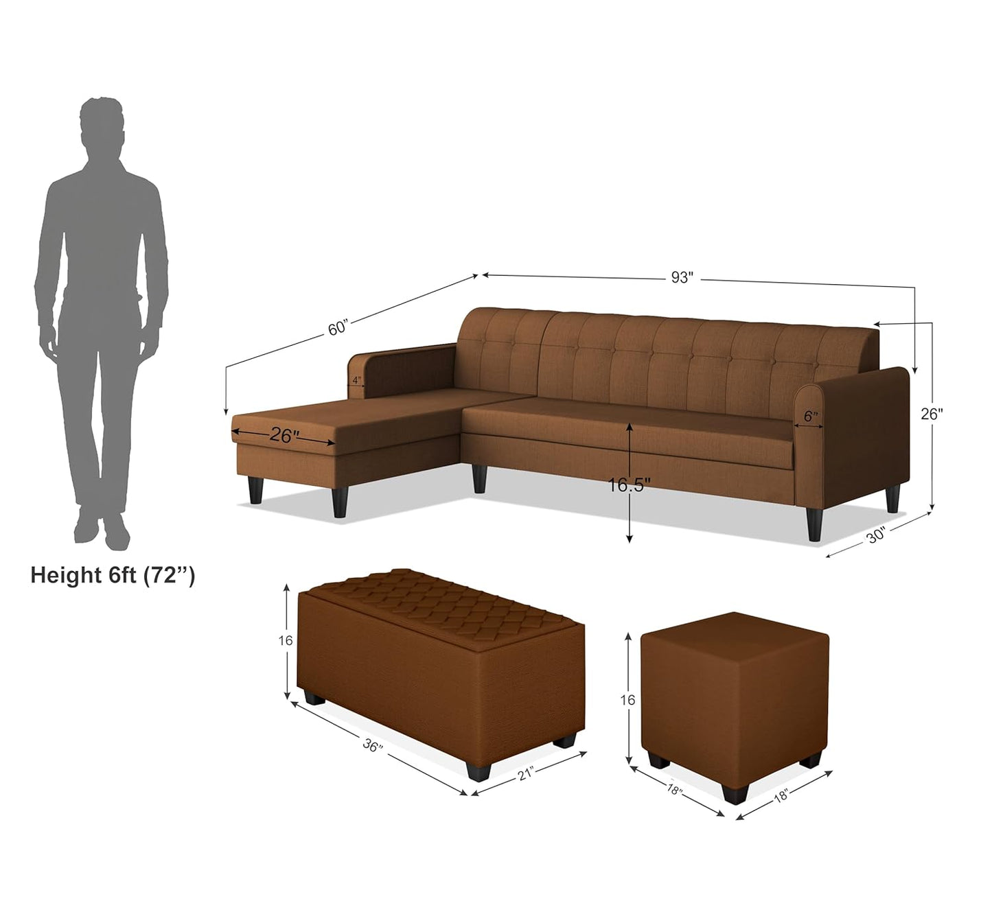 Adorn India Rio Elegant L Shape 8 Seater Sofa Set with Center Table and 2 Ottoman Puffy (LHS) (Brown) (3 Year Warranty)
