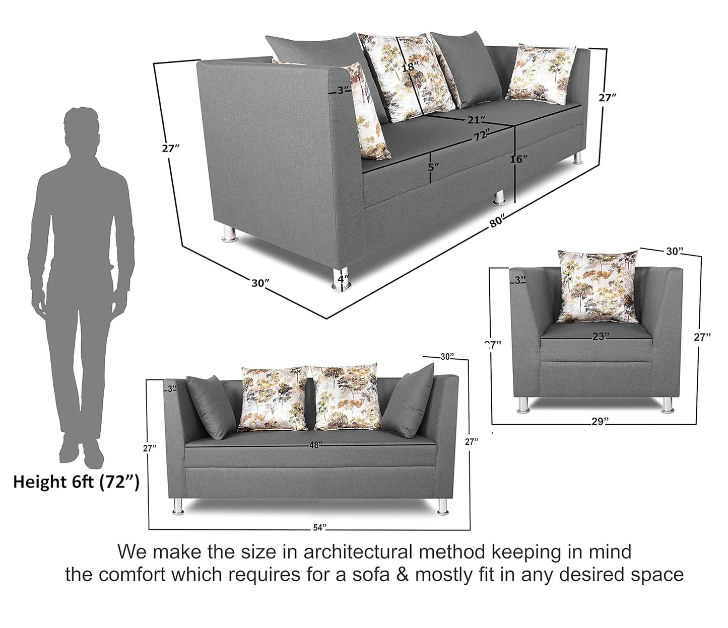 Adorn India Alita 3+2+1 Compact 6 Seater Sofa Set (Light Grey)