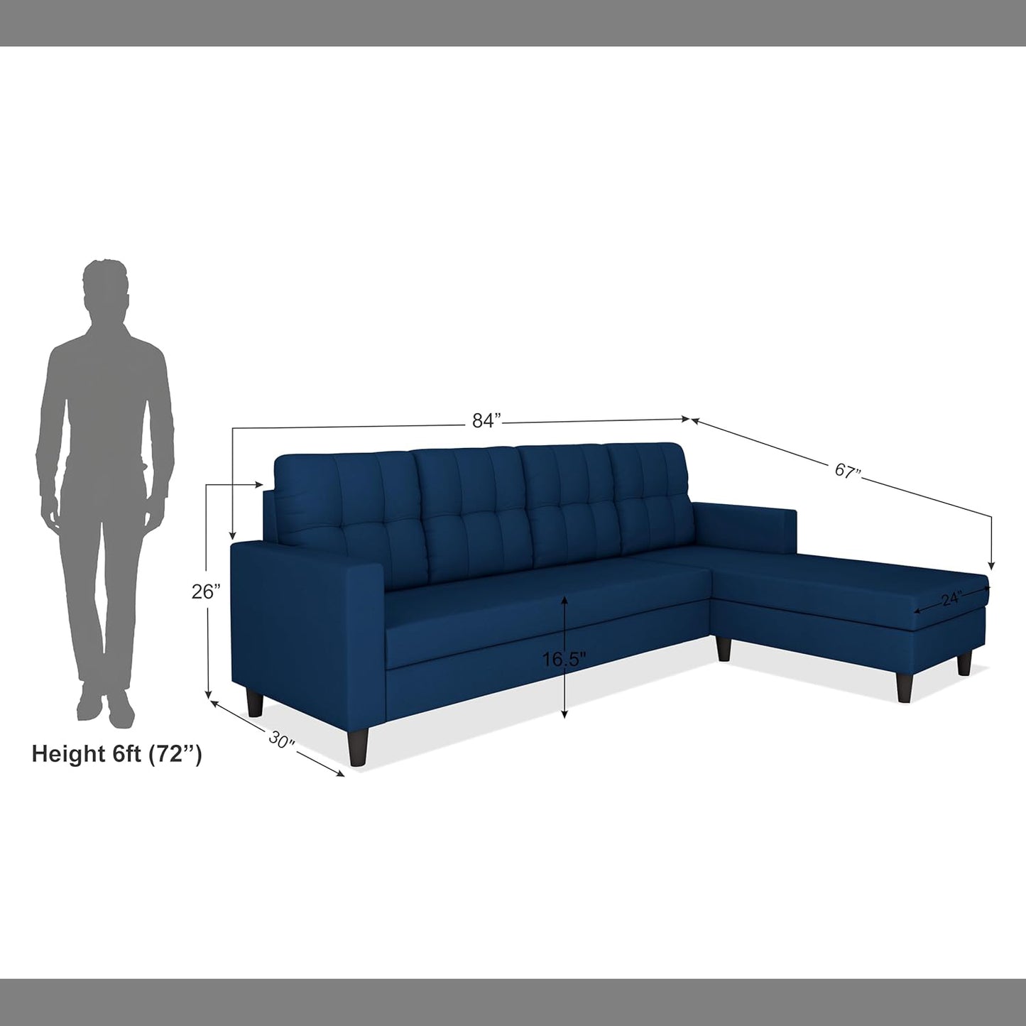 Adorn India Darcy L Shape 5 Seater Sofa Set (RHS) (Blue) (3 Year Warranty)
