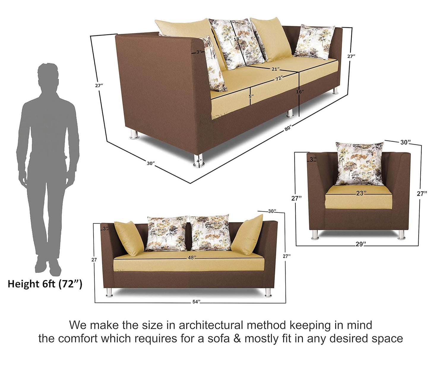 Adorn India Alica 3+2+1 Six Seater Sofa Set (Brown & Beige)
