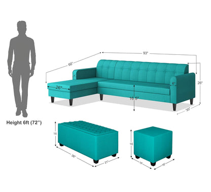 Adorn India Rio Elegant L Shape 8 Seater Sofa Set with Center Table and 2 Ottoman Puffy (LHS) (Aqua Blue) (3 Year Warranty)