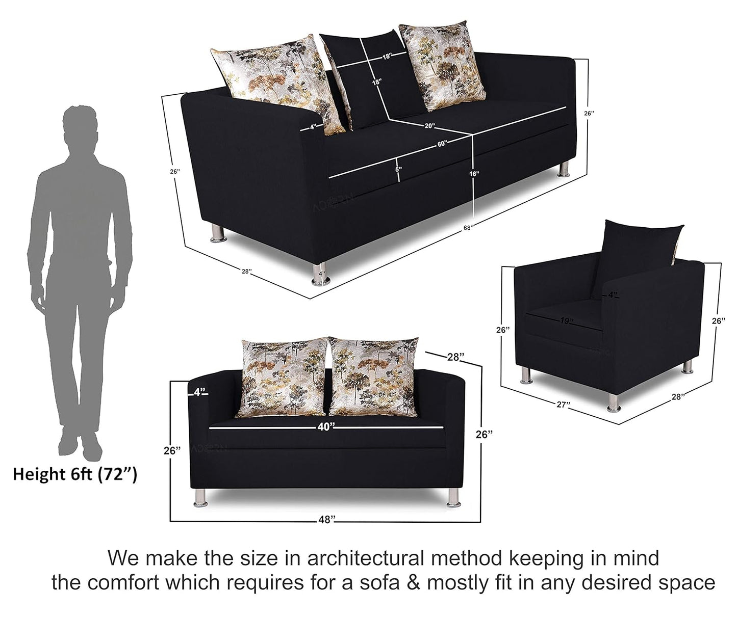 Adorn India Alita 3+2+1 Compact 6 Seater Sofa Set (Black)