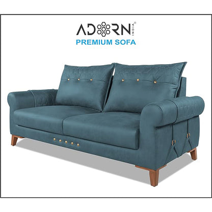 Adorn India Premium Jarvis 3 Seater Sofa (Leatherette Suede Fabric Color Blue)