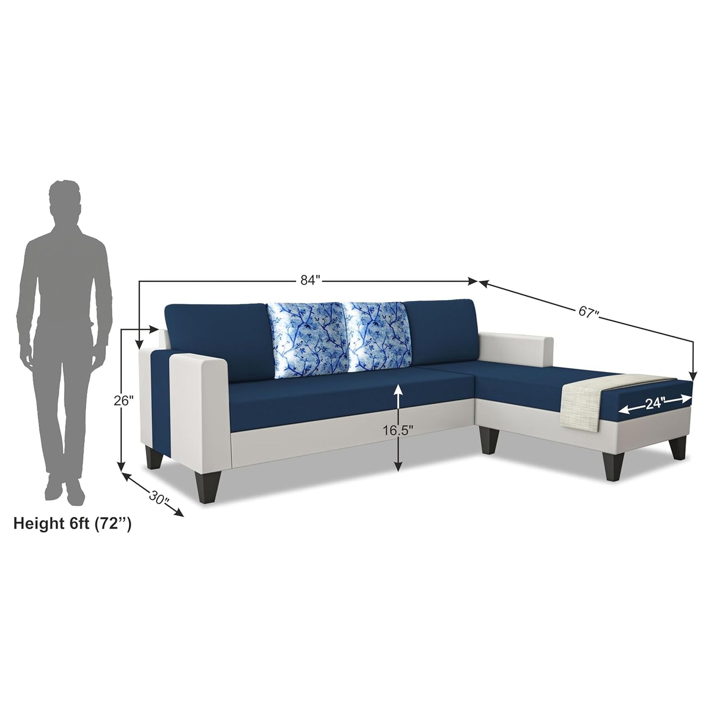 Adorn India Ashley Digital Print Leatherette Fabric L Shape 5 Seater Sofa Set RHS (Blue & White) (3 Year Warranty)
