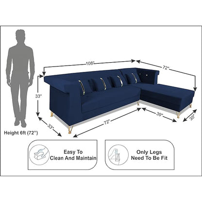 Adorn India Premium Raygan L Shape 6 Seater Sofa Set Right Side (Velvet Fabric Colour Blue)