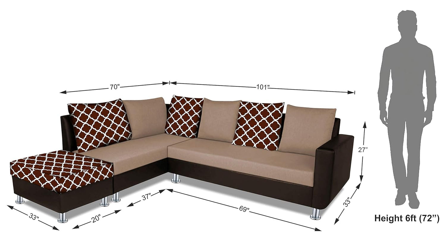 Adorn India (3 Years Warranty Atlanta 6 Seater Leatherette & Fabric Corner Sofa Left Hand Side with Ottoman (Brown & Beige)