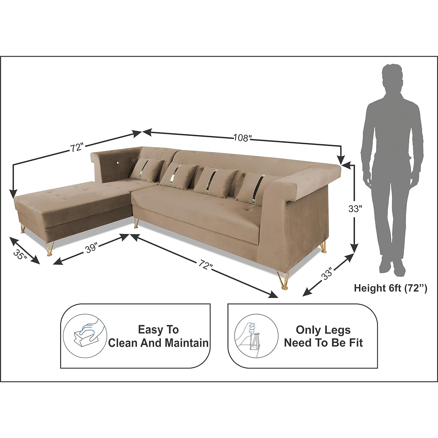 Adorn India Premium Raygan L Shape 6 Seater Sofa Set Left Side (Velvet Fabric Colour Camel)