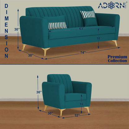 Adorn India Premium Luster 3-2-1 Sofa Set | Velvet Suede Fabric | 3-Year Warranty | Color Ocean Blue with Golden Legs & Striped Pattern Cushion