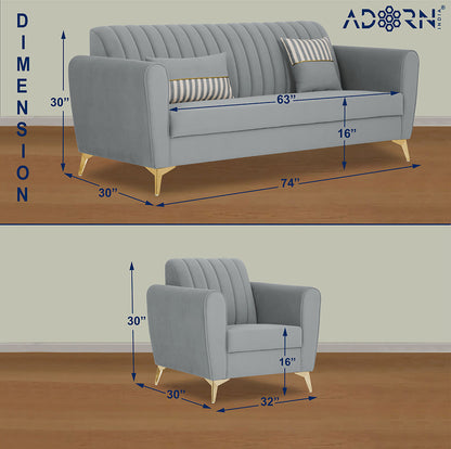 Adorn India Premium Luster 3+1+1 Sofa Set | Velvet Suede Fabric | 3-Year Warranty | Color Grey with Golden Legs & Striped Pattern Cushion