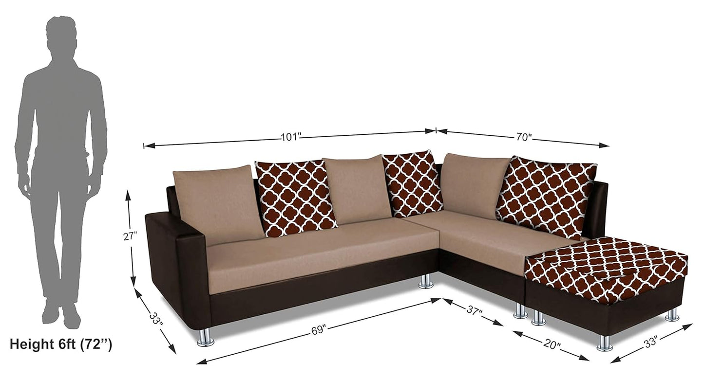 Adorn India (3 Years Warranty Atlanta 6 Seater Leatherette & Fabric Corner Sofa Right Hand Side with Ottoman (Brown & Beige)