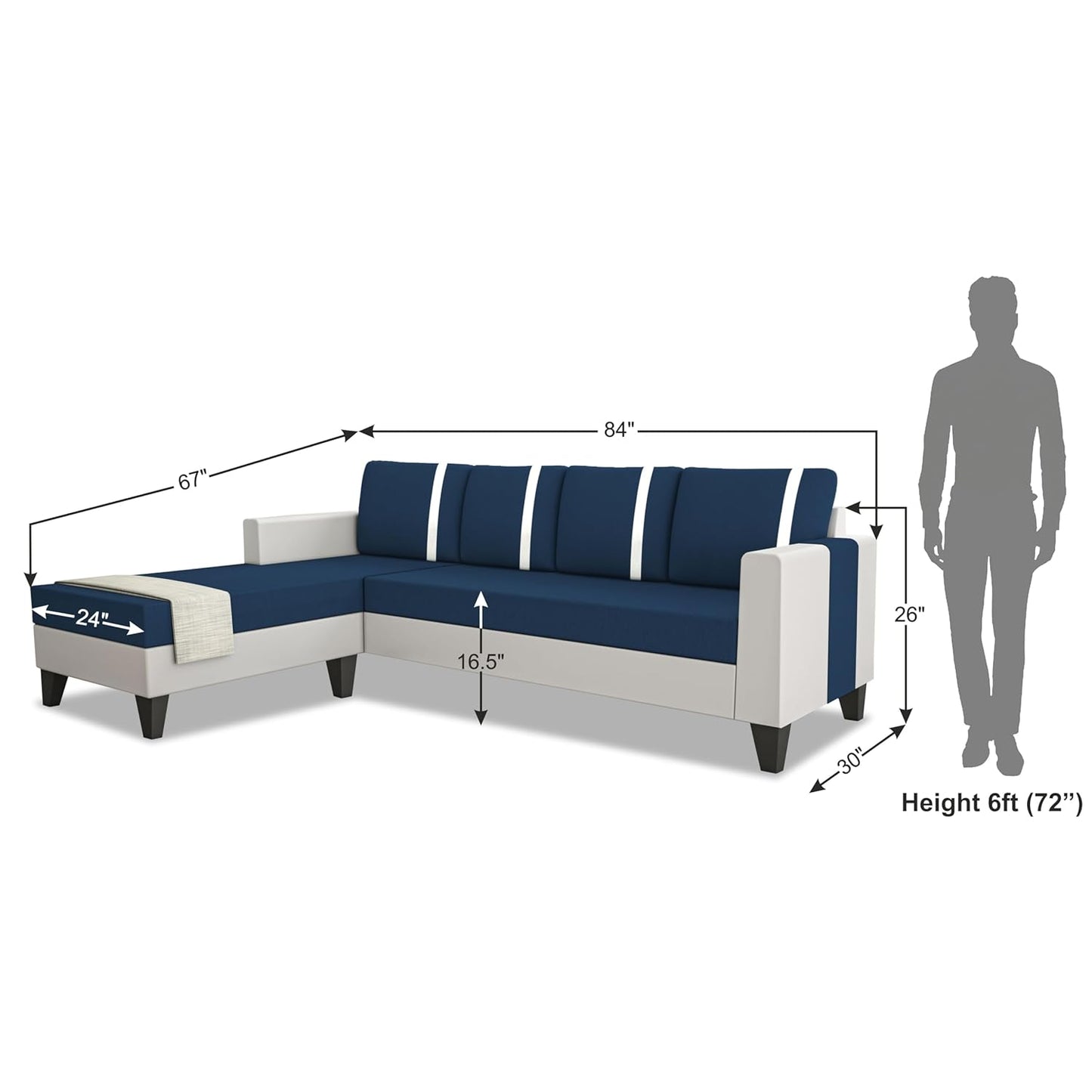 Adorn India Ashley Stripes Leatherette Fabric L Shape 5 Seater Sofa Set LHS (Blue & White) (3 Year Warranty)