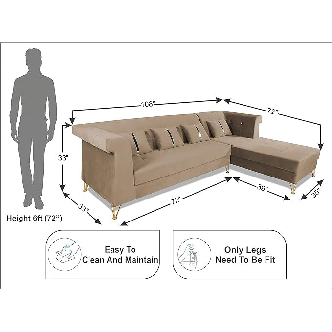Adorn India Premium Raygan L Shape 6 Seater Sofa Set Right Side (Velvet Fabric Colour Camel)