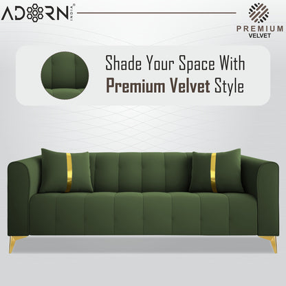 Adorn India Premium Mystic - 3 Years Warranty - 3 Seater Sofa Velvet Suede Fabric - Green