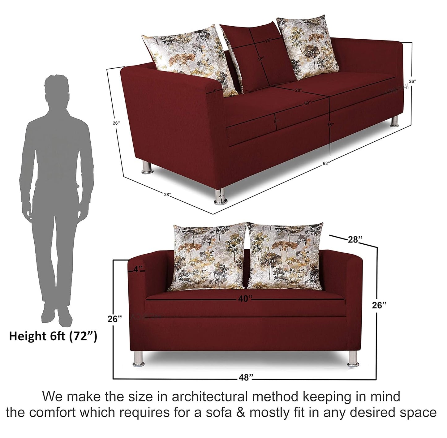 Adorn India Alita 3+2 Compact 5 Seater Sofa Set (Maroon)