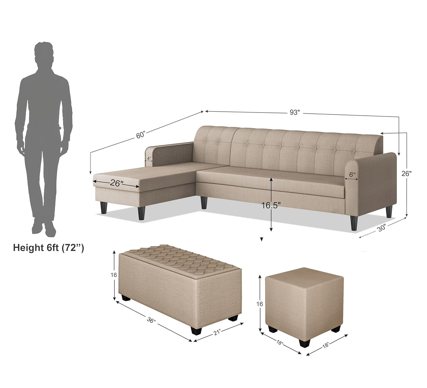 Adorn India Rio Elegant L Shape 8 Seater Sofa Set with Center Table and 2 Ottoman Puffy (LHS) (Beige) (3 Year Warranty)