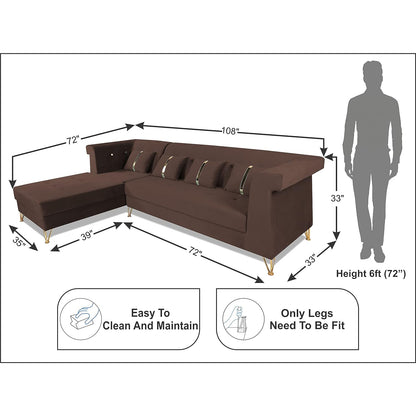 Adorn India Premium Raygan L Shape 6 Seater Sofa Set Left Side (Velvet Fabric Colour Brown)