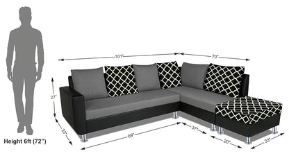 Adorn India (3 Years Warranty Atlanta 6 Seater Leatherette & Fabric Corner Sofa Right Hand Side with Ottoman (Grey & Black)