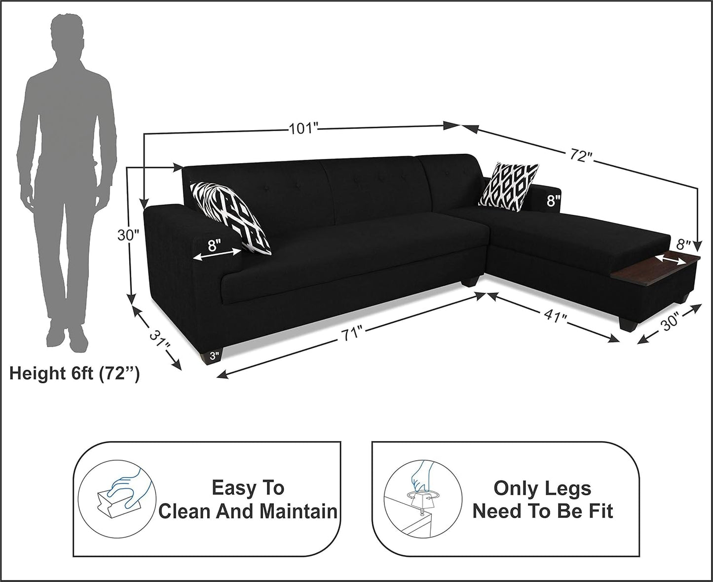 Adorn India Blazer L Shape 6 Seater Sofa Set (Right Side) (Black)