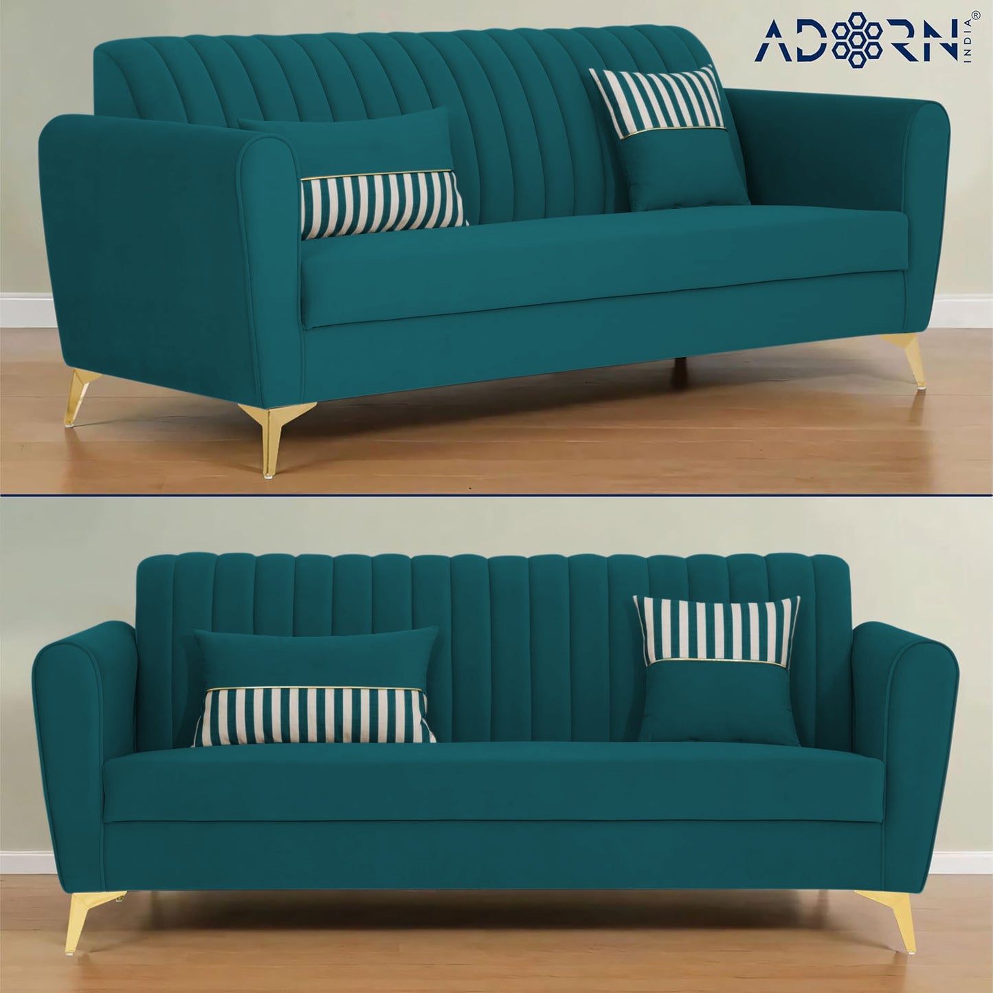 Adorn India Premium Luster 3 Seater | Velvet Suede Fabric | 3-Year Warranty | Color Ocean Blue with Golden Legs & Striped Pattern Cushion