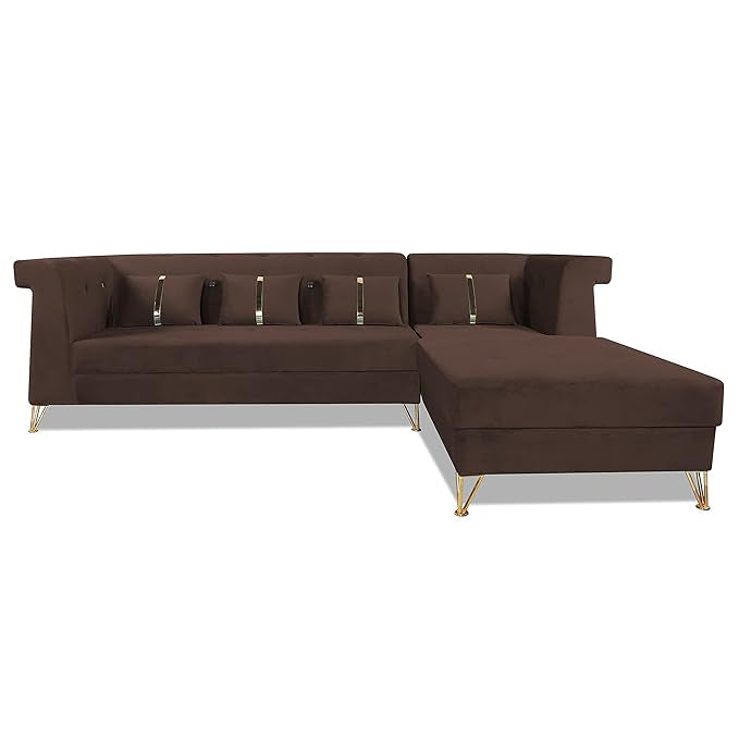 Adorn India Premium Raygan L Shape 6 Seater Sofa Set Right Side (Velvet Fabric Colour Brown)