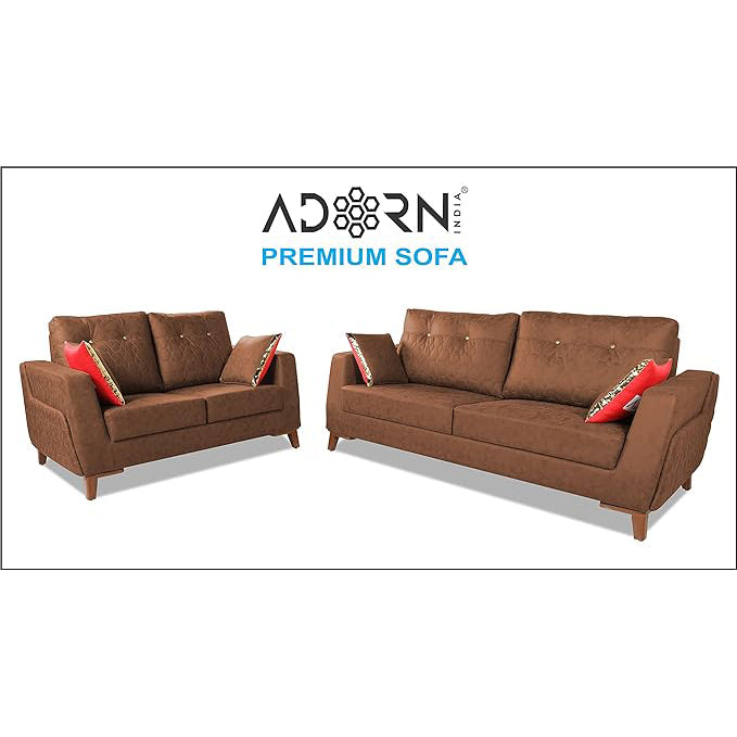 Adorn India Premium Phoenix 3+2 Five Seater Sofa Set (Leatherette Suede Fabric Colour Tan)
