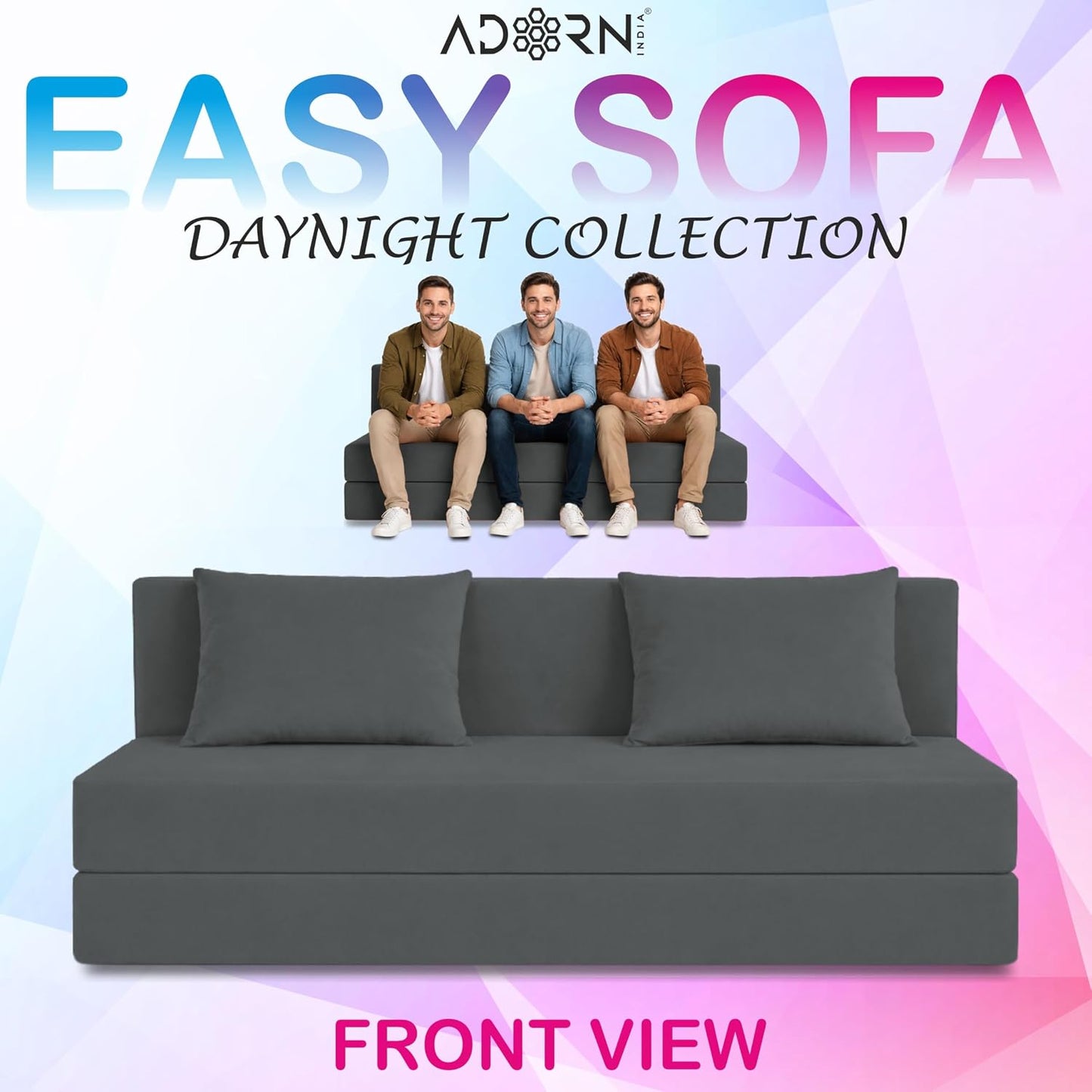 Adorn India Easy 3 Seater Sofa Cum Bed | Velvet Fabric | Dark Grey | Plain Design | 6x5 Ft | Comfortable Seating | Washable Cover | Perfect for Home & Office