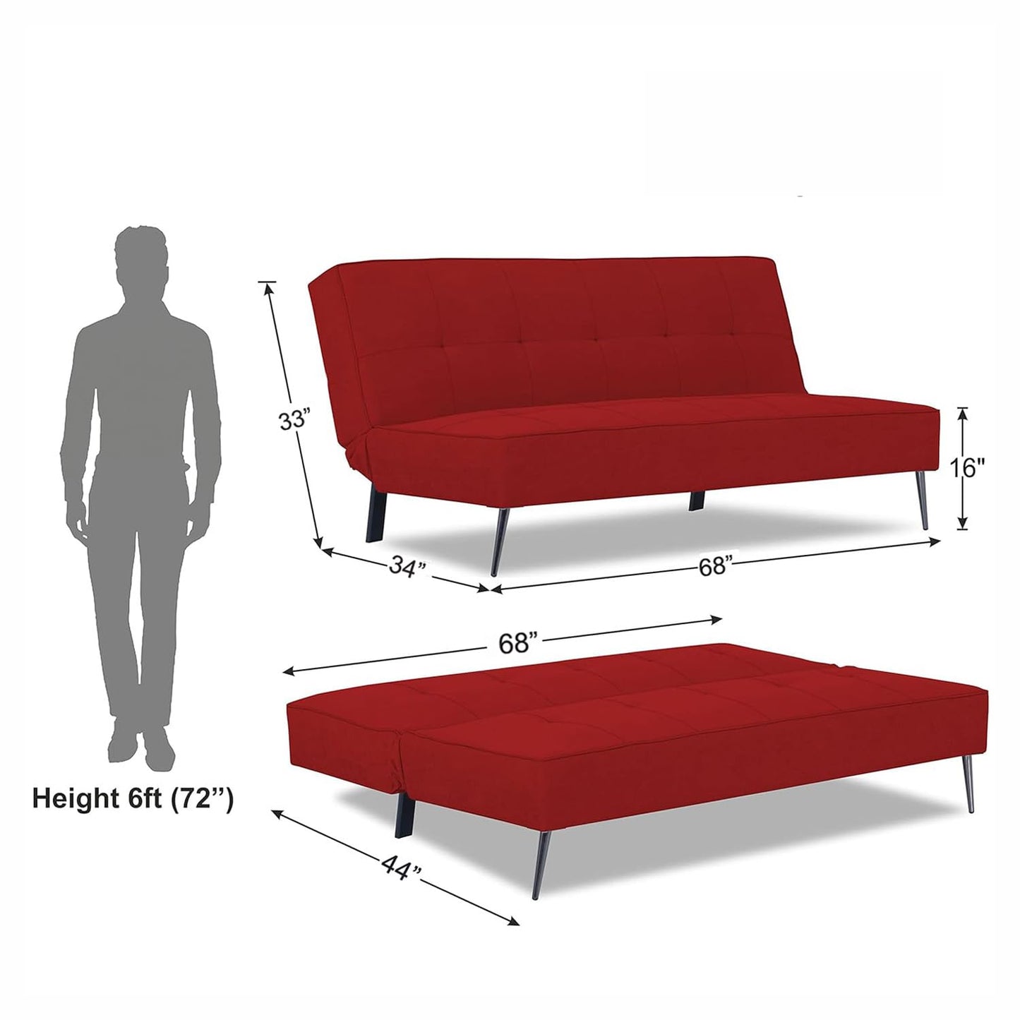 Adorn India Benjamin 3 Seater Sofa Cum Bed (Red) (3 Year Warranty)