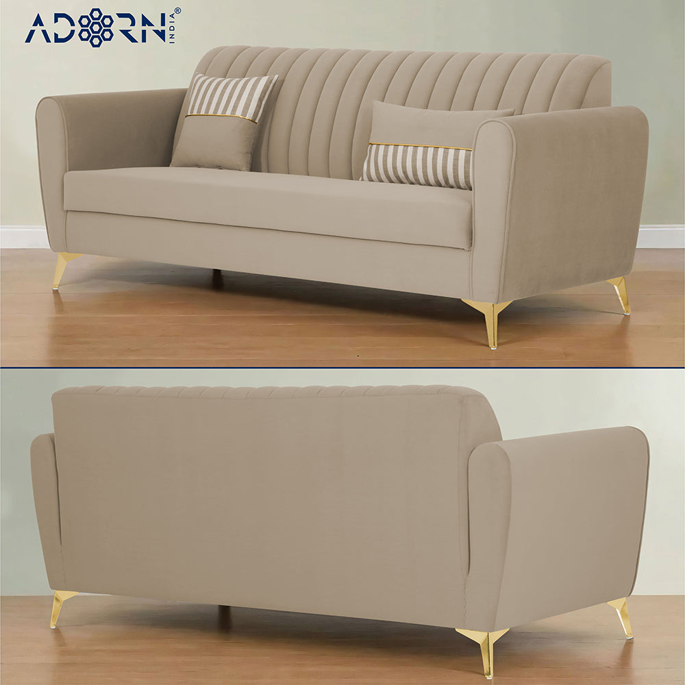 Adorn India Premium Luster 3-2-1 Sofa Set | Velvet Suede Fabric | 3-Year Warranty | Color Beige with Golden Legs & Striped Pattern Cushion