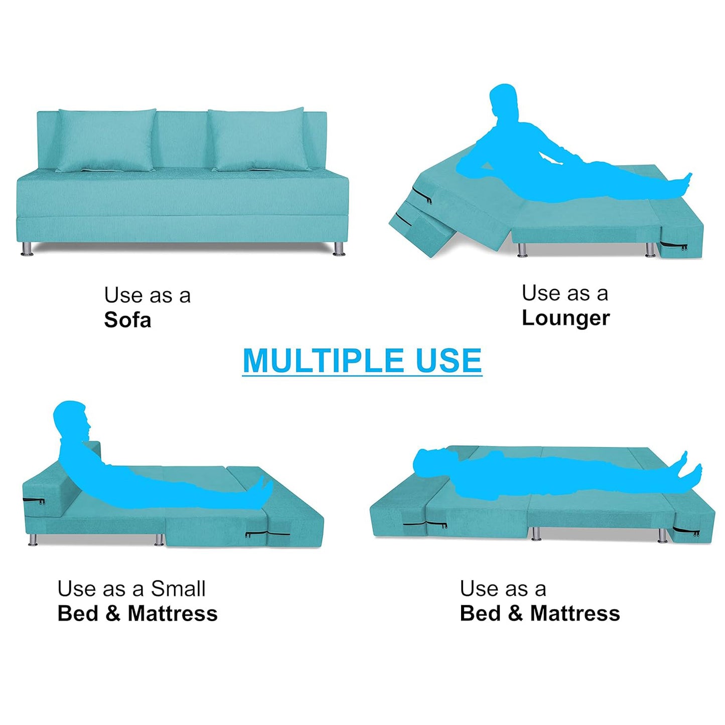 Adorn India Easy Alyn Plus Decent 4 Seater Sofa Cum Bed (6X6) (Aqua Blue) (1 Year Warranty)