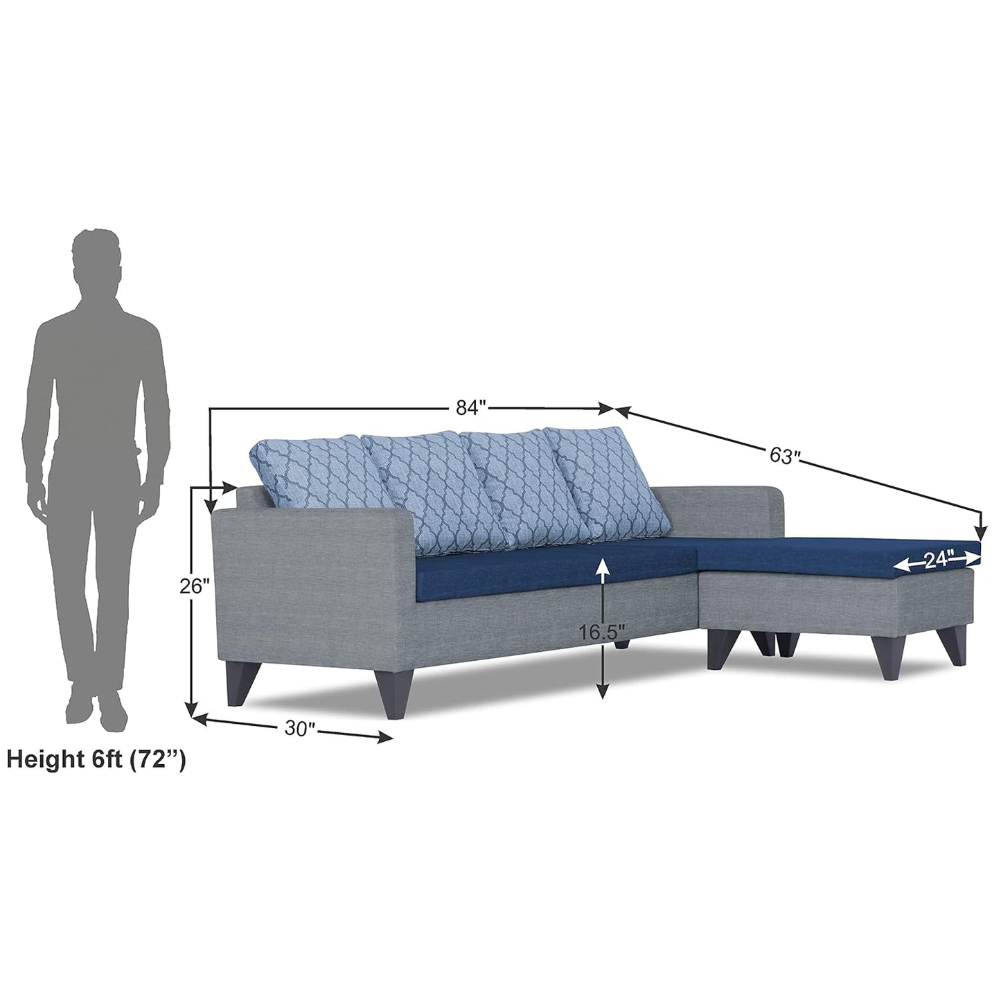 Adorn India Dorothy Blossom L Shape 5 Seater Sofa Set RHS (Blue & Grey)