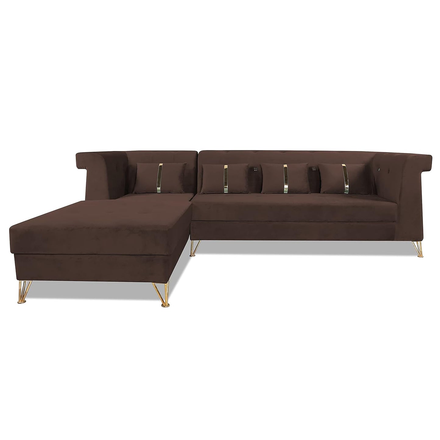 Adorn India Premium Raygan L Shape 6 Seater Sofa Set Left Side (Velvet Fabric Colour Brown)