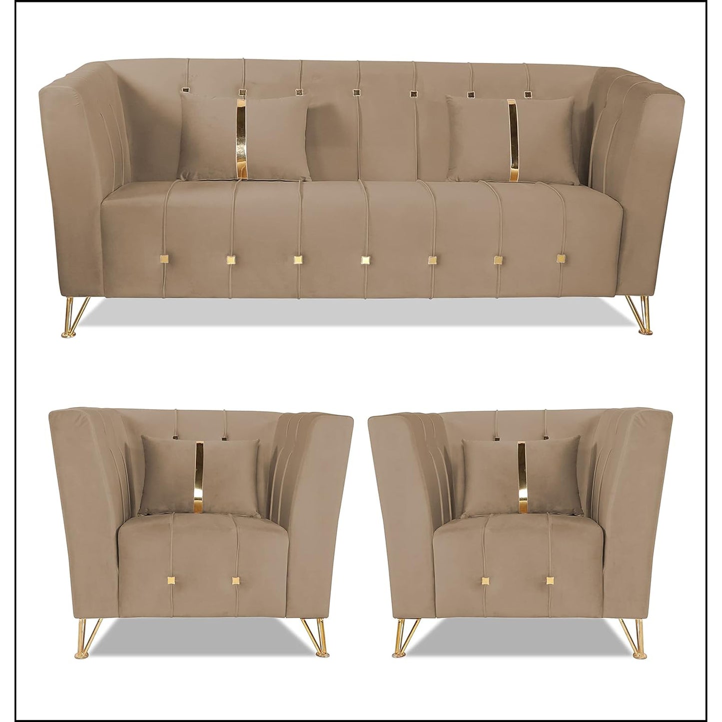 Adorn India Premium Lotus 3-1-1 5 Seater Sofa (Velvet Fabric Colour Camel)