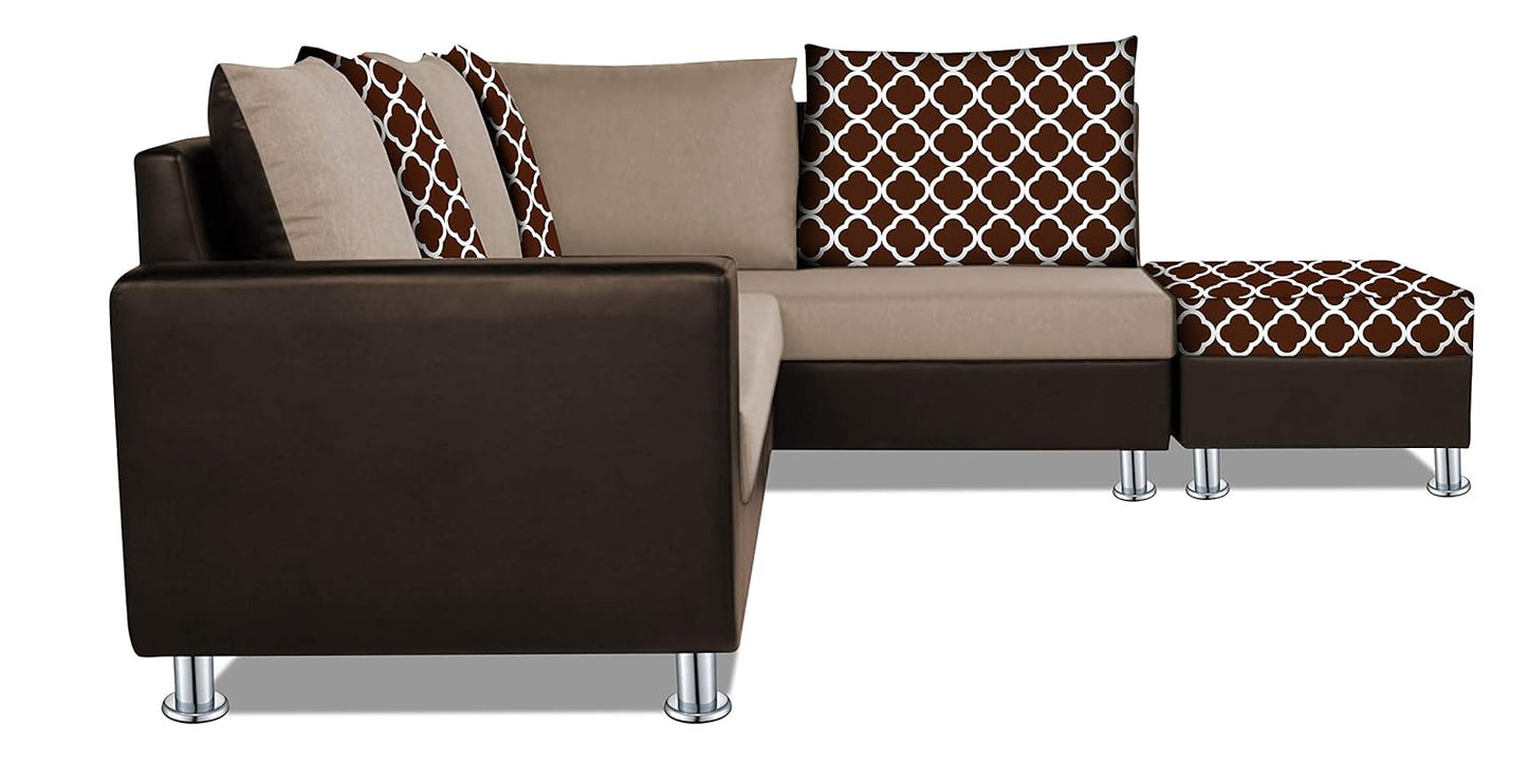 Adorn India (3 Years Warranty Atlanta 6 Seater Leatherette & Fabric Corner Sofa Right Hand Side with Ottoman (Brown & Beige)
