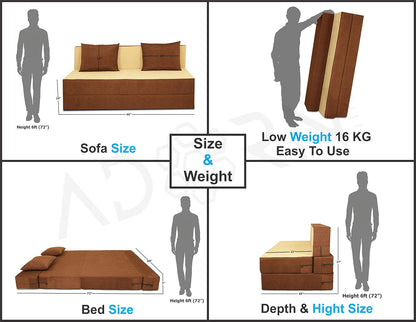Adorn India Easy 4 Seater Sofa Cum Bed (2 Years Warrenty Quality Foam)-Perfect for Seat & Sleep Washeble Polyster Fabric Cover (Brown & Beige) 6'x6'.Pillows Free (1 Year Warranty)