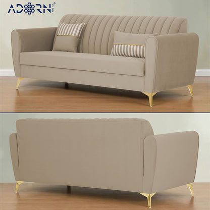 Adorn India Premium Luster 3-2 Sofa Set | Velvet Suede Fabric | 3-Year Warranty | Color Beige with Golden Legs & Striped Pattern Cushion