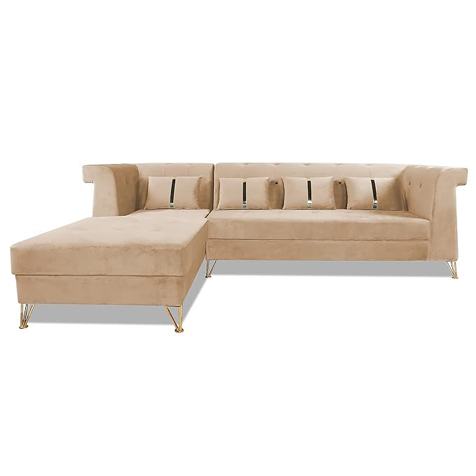 Adorn India Premium Raygan L Shape 6 Seater Sofa Set Left Side (Velvet Fabric Colour Beige)