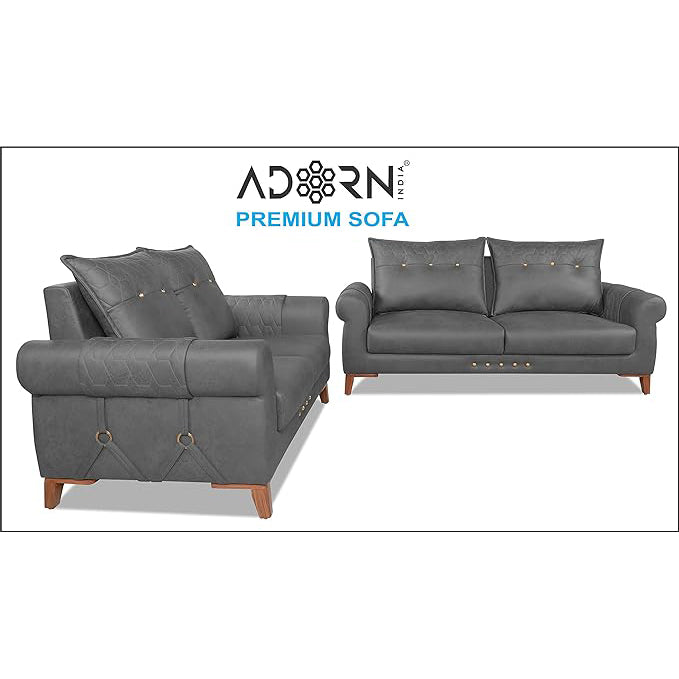 Adorn India Premium Jarvis 3+2 Five Seater Sofa Set (Leatherette Suede Fabric Colour Grey)