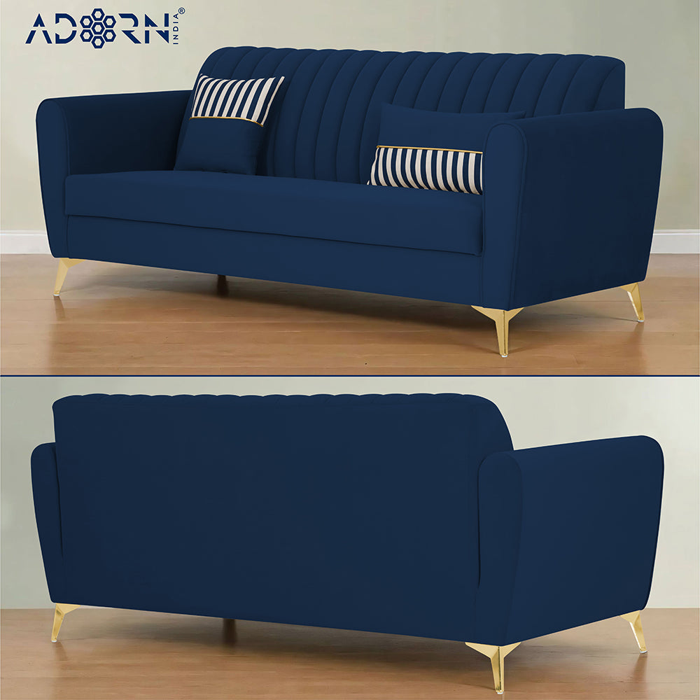 Adorn India Premium Luster 3 Seater | Velvet Suede Fabric | 3-Year Warranty | Color Blue with Golden Legs & Striped Pattern Cushion