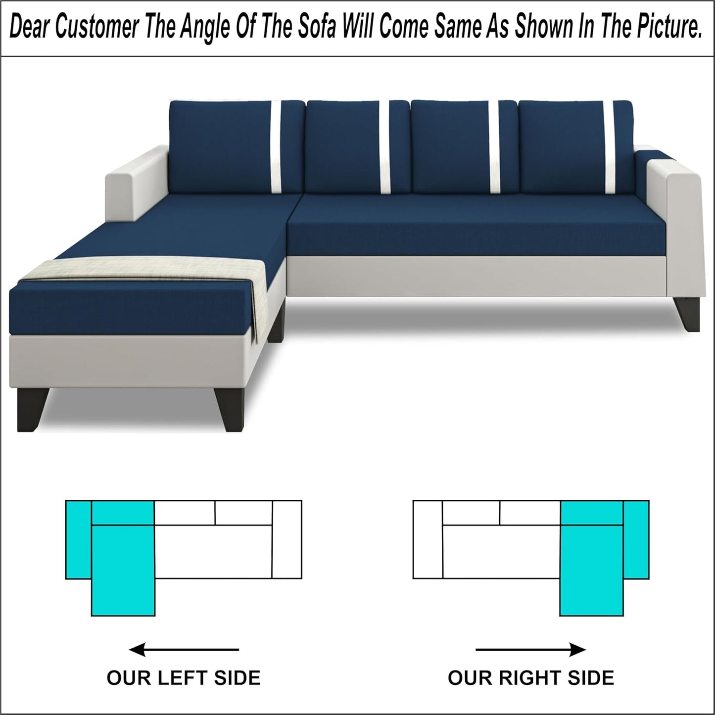 Adorn India Ashley Stripes Leatherette Fabric L Shape 5 Seater Sofa Set LHS (Blue & White) (3 Year Warranty)