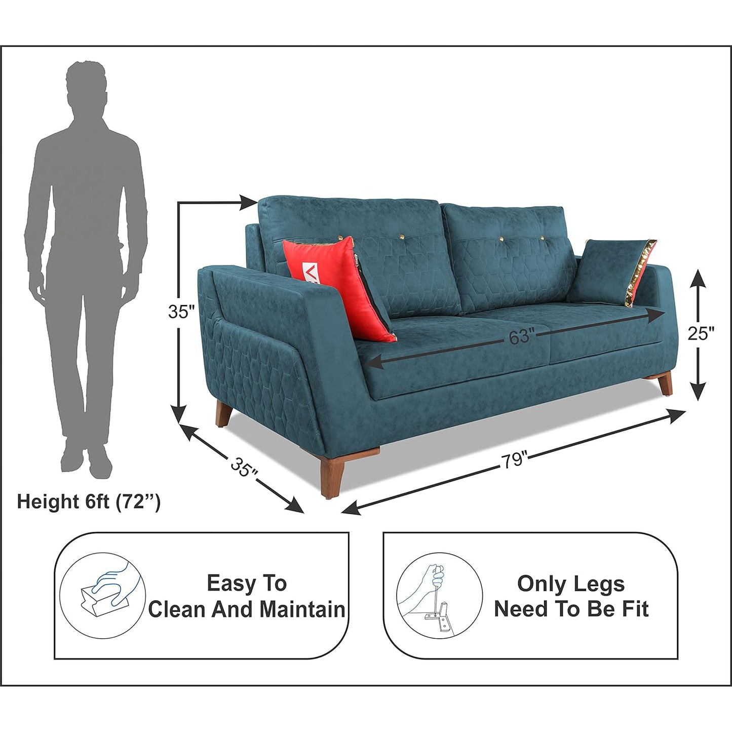 Adorn India Premium Phoenix 3 Seater Sofa (Leatherette Suede Fabric Colour Blue)